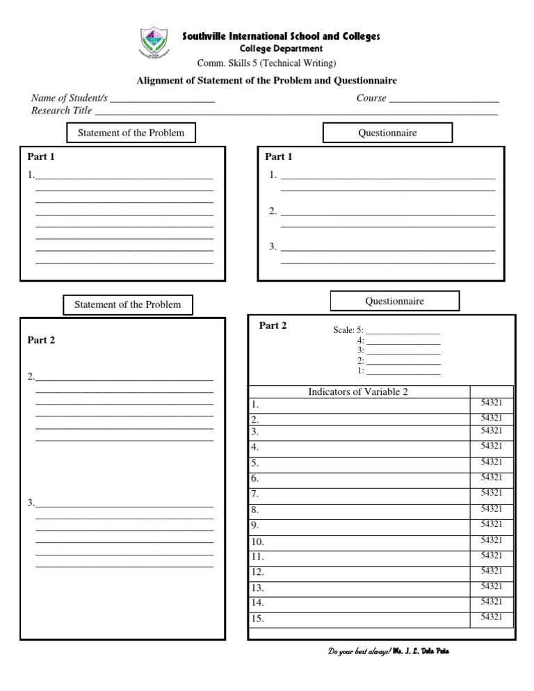 Alignment of Statement of The Problem and Questionnaire | PDF