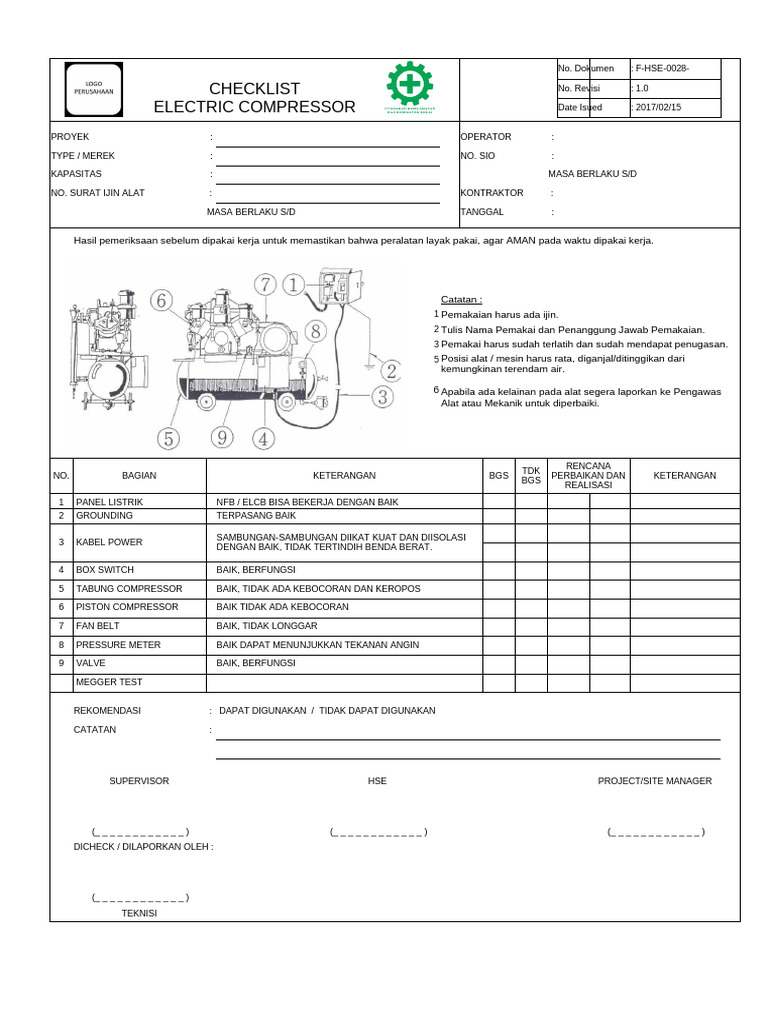 Checklist Keamanan Kompresor Listrik | PDF