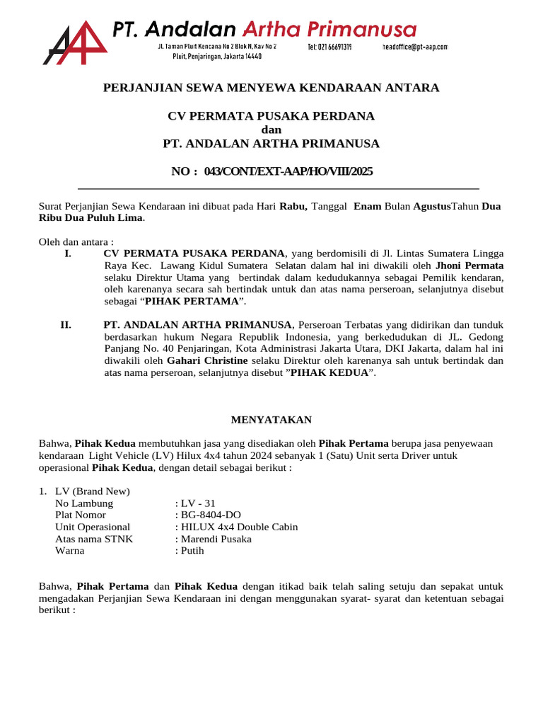 Gaji Driver Sewa Kendaraan PT AAP | PDF