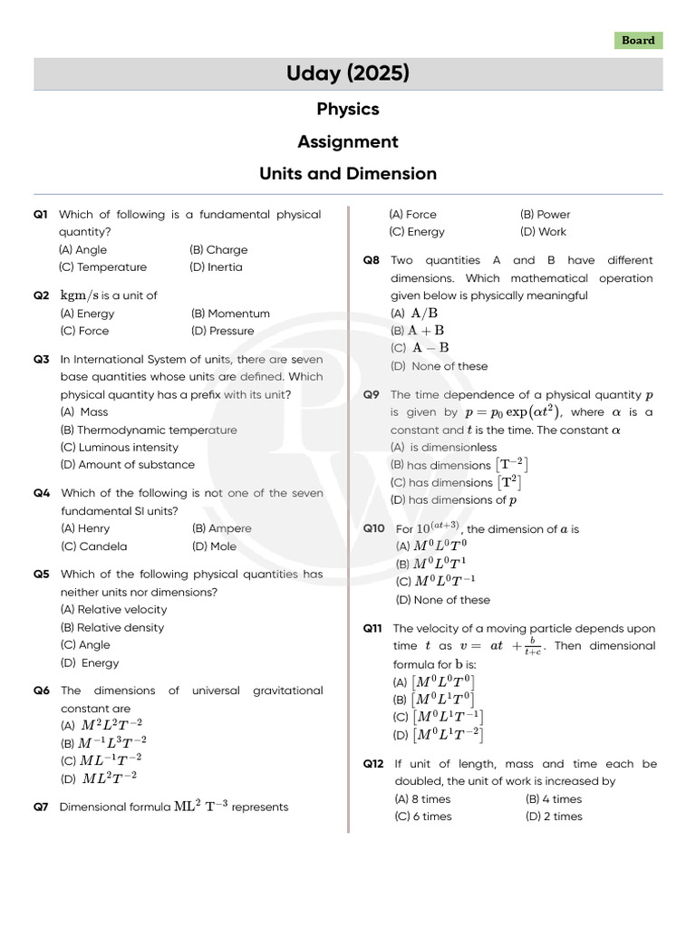 Physics Assignment on Units and Dimensions | PDF | International System ...