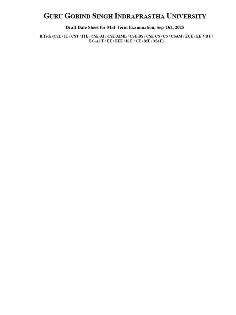 IPU B.Tech Mid-Term Datesheet 2025 | PDF | Electrical Engineering ...