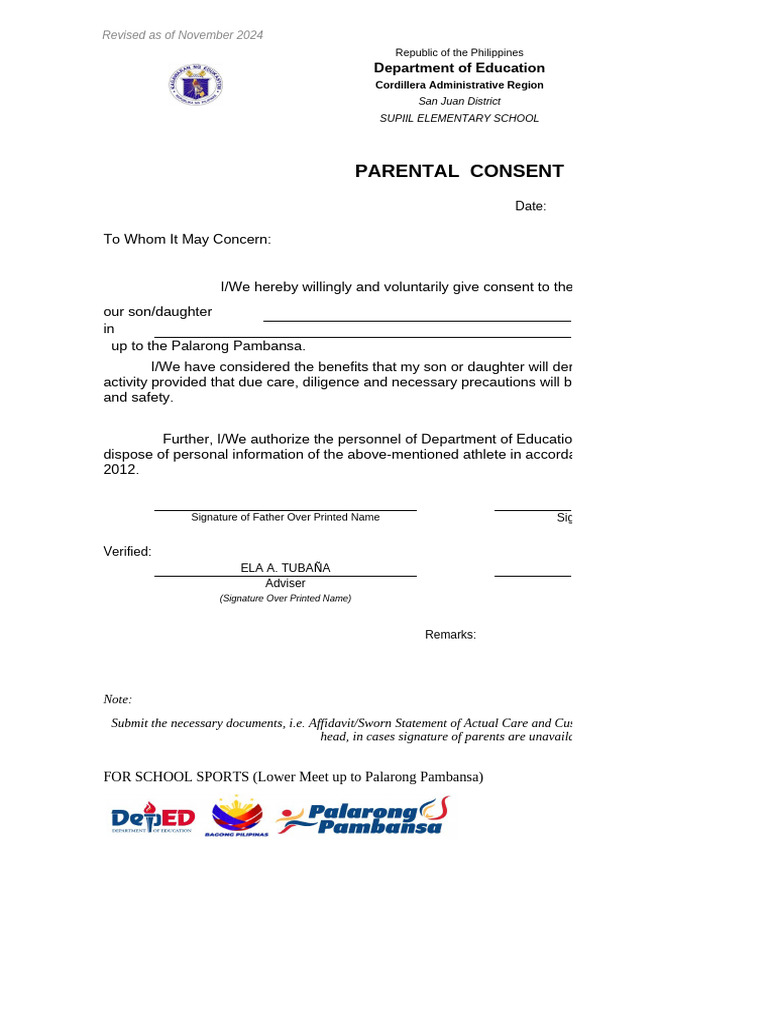 Parental Consent for Athlete Participation | PDF | Document