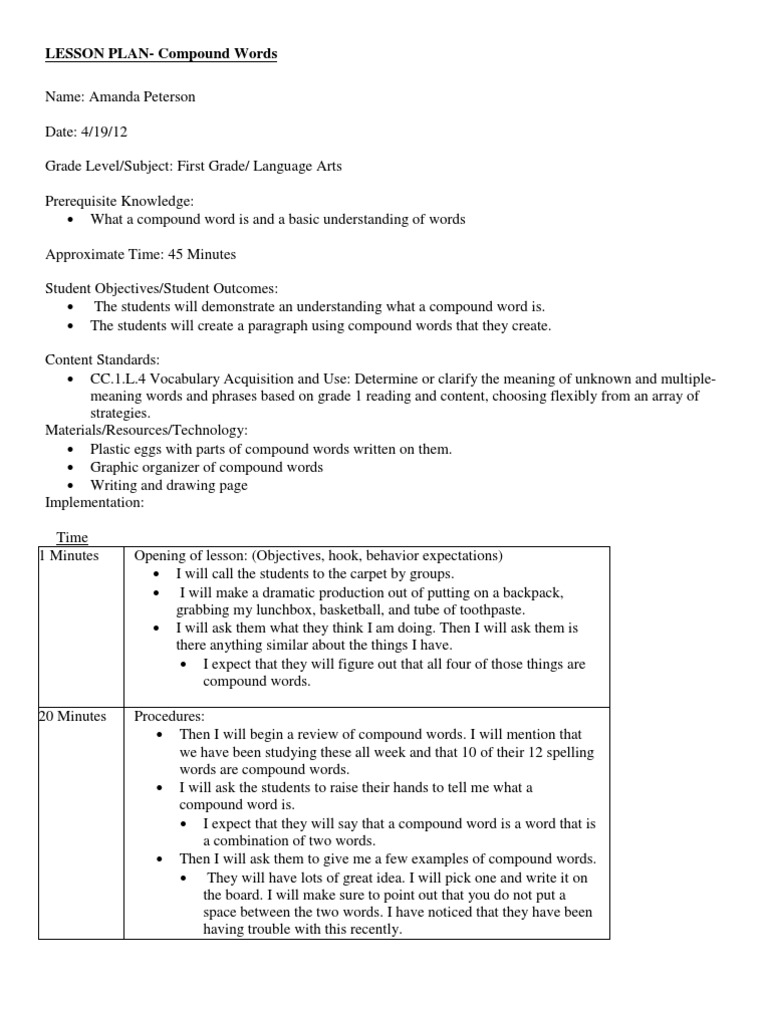 Edpr 432 Compound Words Lesson Word Lesson Plan
