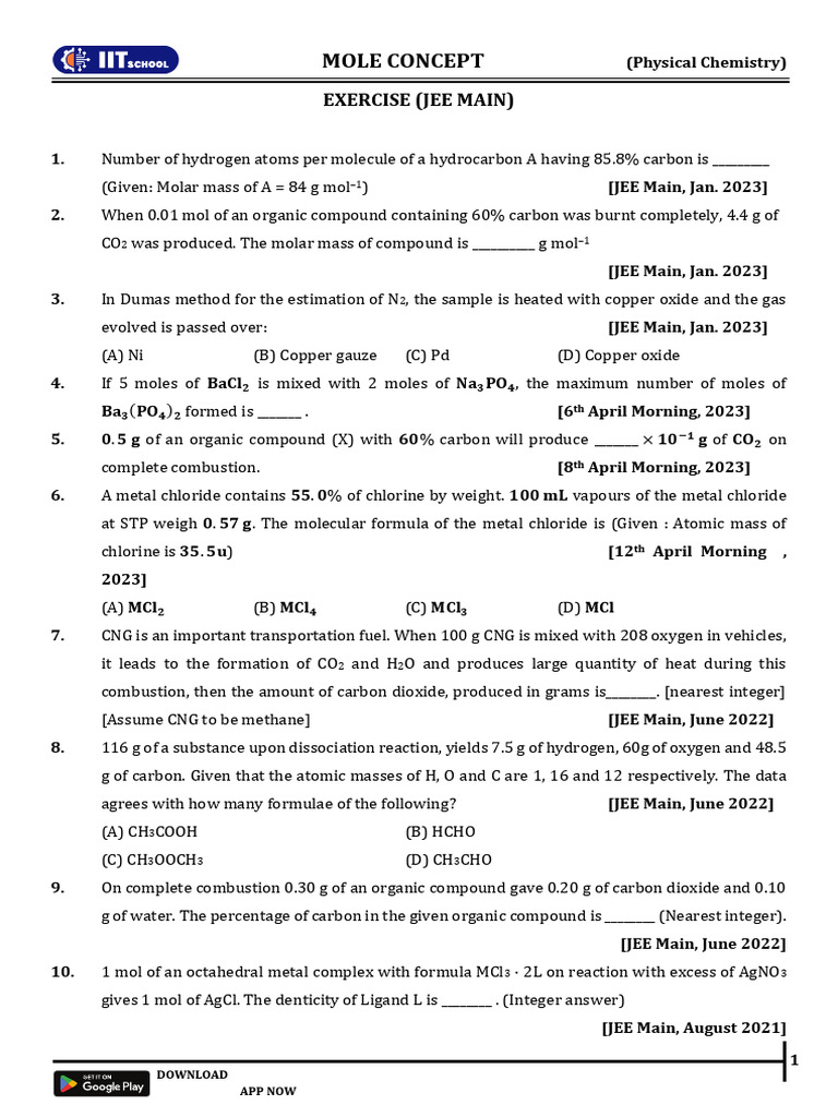Mole Concept Exercises for JEE Preparation | PDF | Mole (Unit) | Chemistry