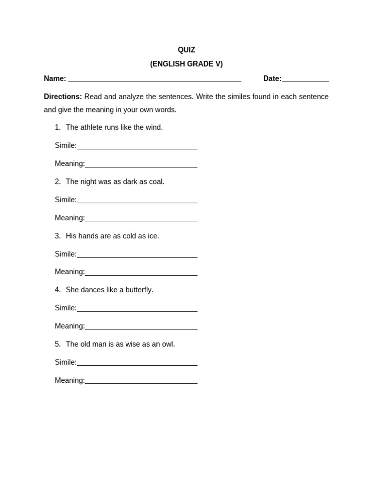 Simile Quiz for 5th Grade English | PDF