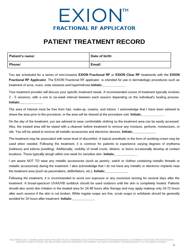 EXION Fractional RF Treatment Record | PDF | Cancer | Implant (Medicine)