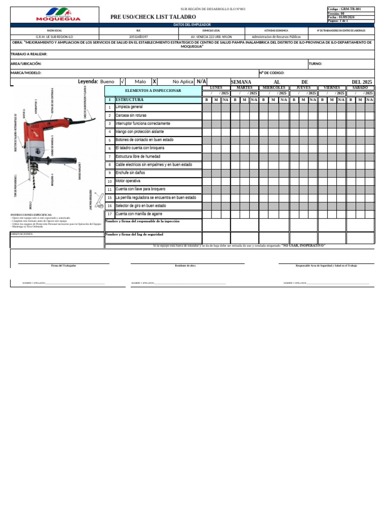 Check List Pre Uso Taladro ILO 2025 | PDF