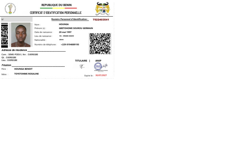 Carte CIP en ligne - HOUNGA G. S. | PDF