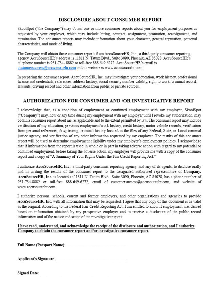 Consumer Report Disclosure for Employment | PDF | Background Check ...