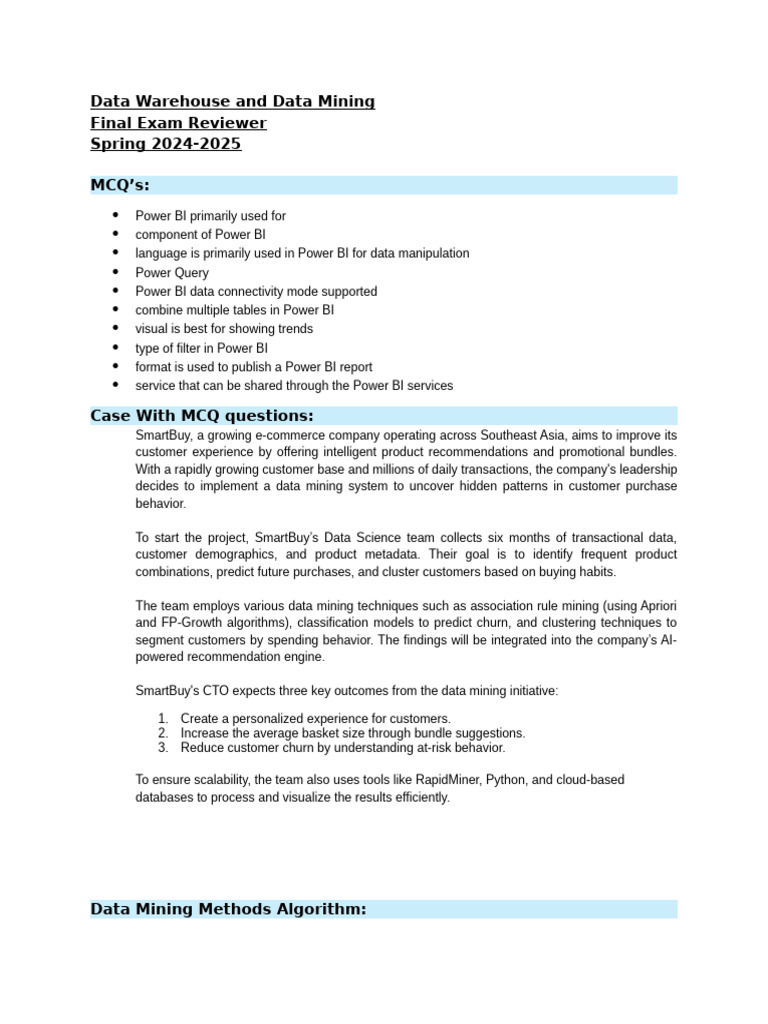 Data Warehouse and Data Mining Review Materials Spring 24-25 2 | PDF ...