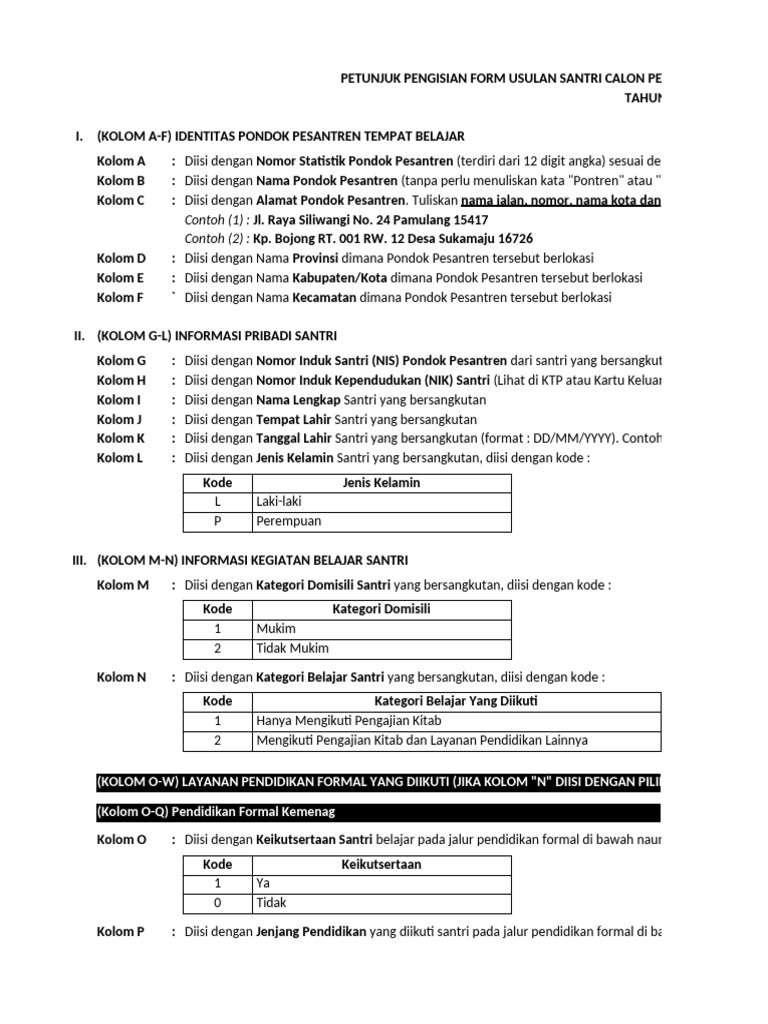 Format Pip Data Individual Santri 2016 Kategori 2 | PDF