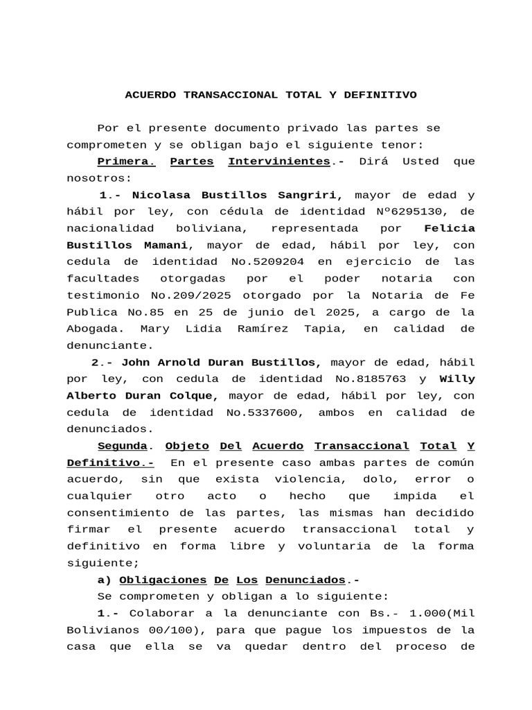 Acuerdo Transaccional Definitivo en Bolivia | PDF | Justicia | Crimen y ...