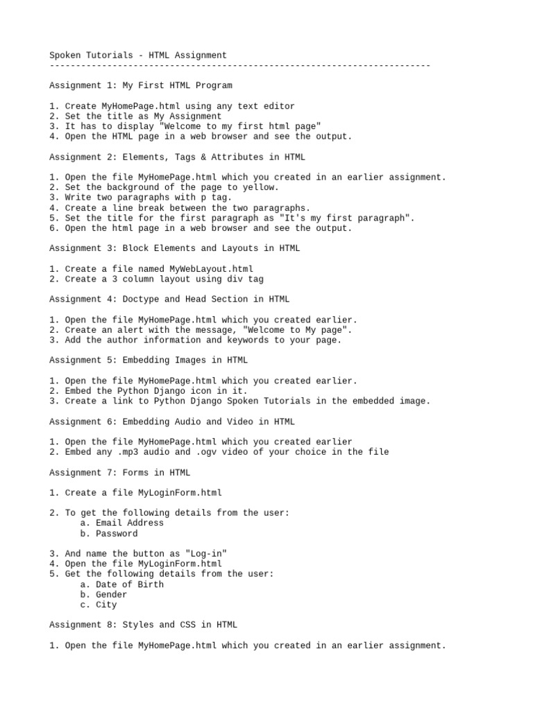 HTML Assignments for Beginners | PDF