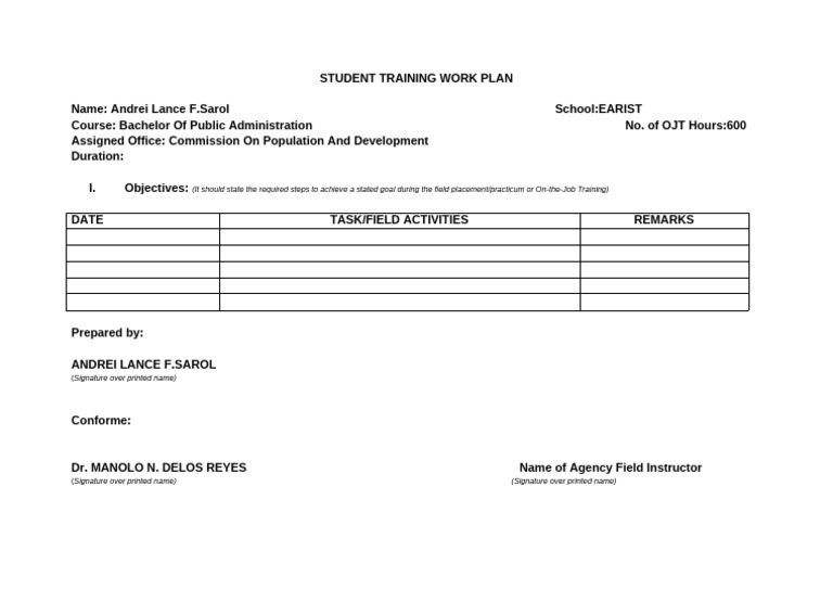 Student Training Work Plan for OJT | PDF