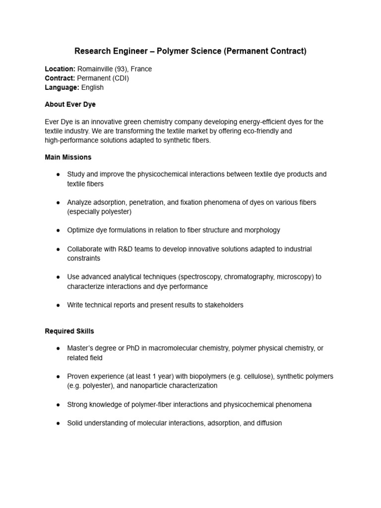 Job Description - Polymer Science and Dyes Post Permanent France | PDF