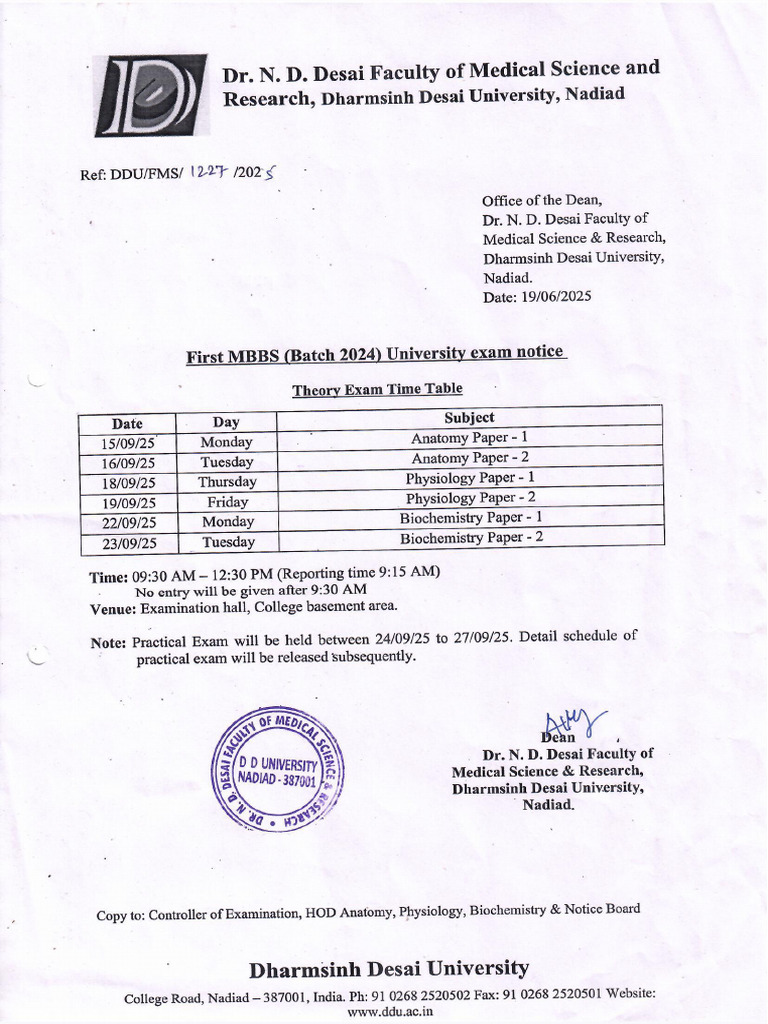Exam Schedule I MBBS Regular Exam Sept 2025 | PDF