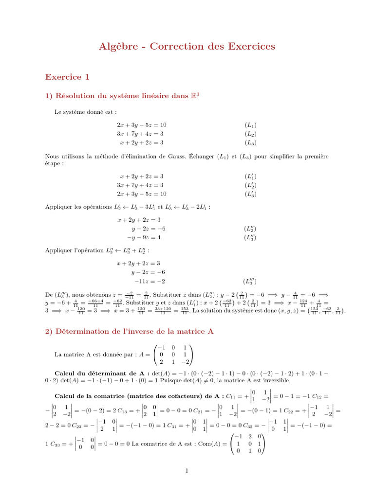 Correction d'exercices d'algèbre | PDF | Déterminant | Algèbre générale