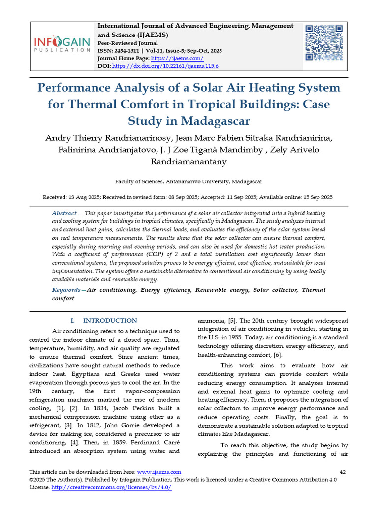Performance Analysis of A Solar Air Heating System For Thermal Comfort ...
