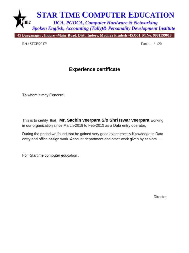 Experience Certificate for Data Entry Operator | PDF