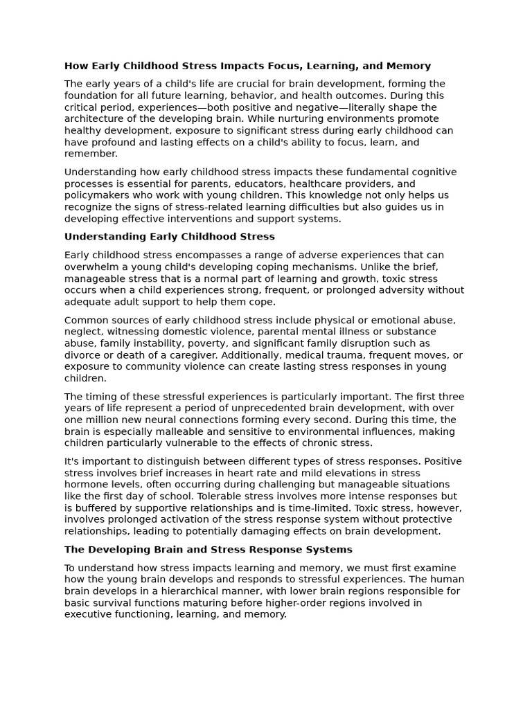 Impact of Early Childhood Stress on Learning | PDF | Memory | Stress ...