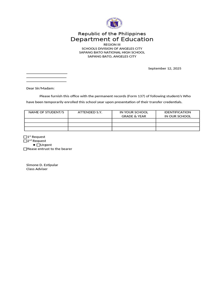 Request for Student Records Form | PDF