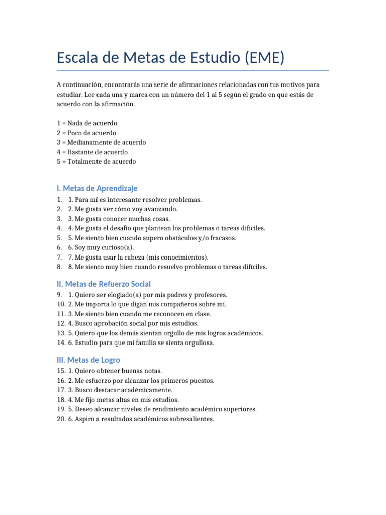Escala de Metas de Estudio (EME) | PDF
