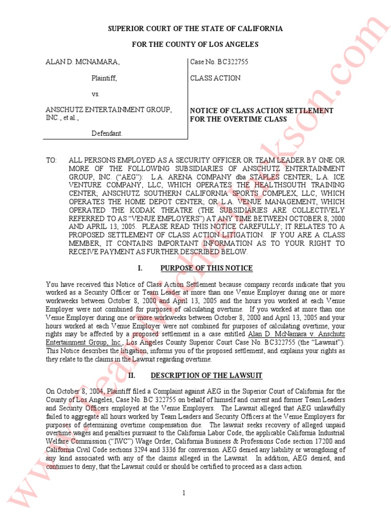 AEG - Notice of Class Action Settlement | PDF | Overtime | Settlement ...