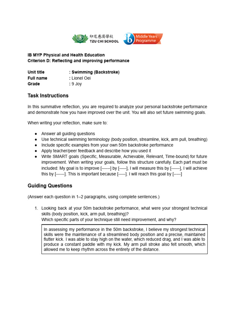 Backstroke Performance Reflection and Goals | PDF