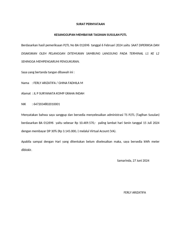 Kesanggupan Bayar Tagihan P2TL 2024 | PDF
