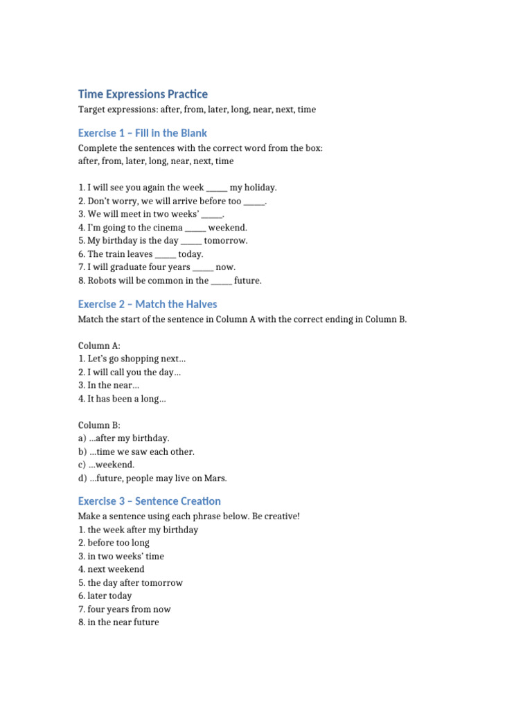 Time Expressions Practice | PDF