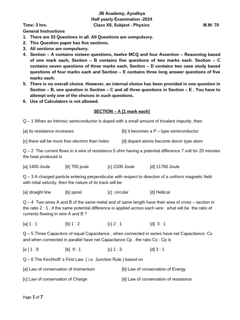 Class XII Physics Half-Yearly Exam 2024 | PDF | P–N Junction | Electric ...