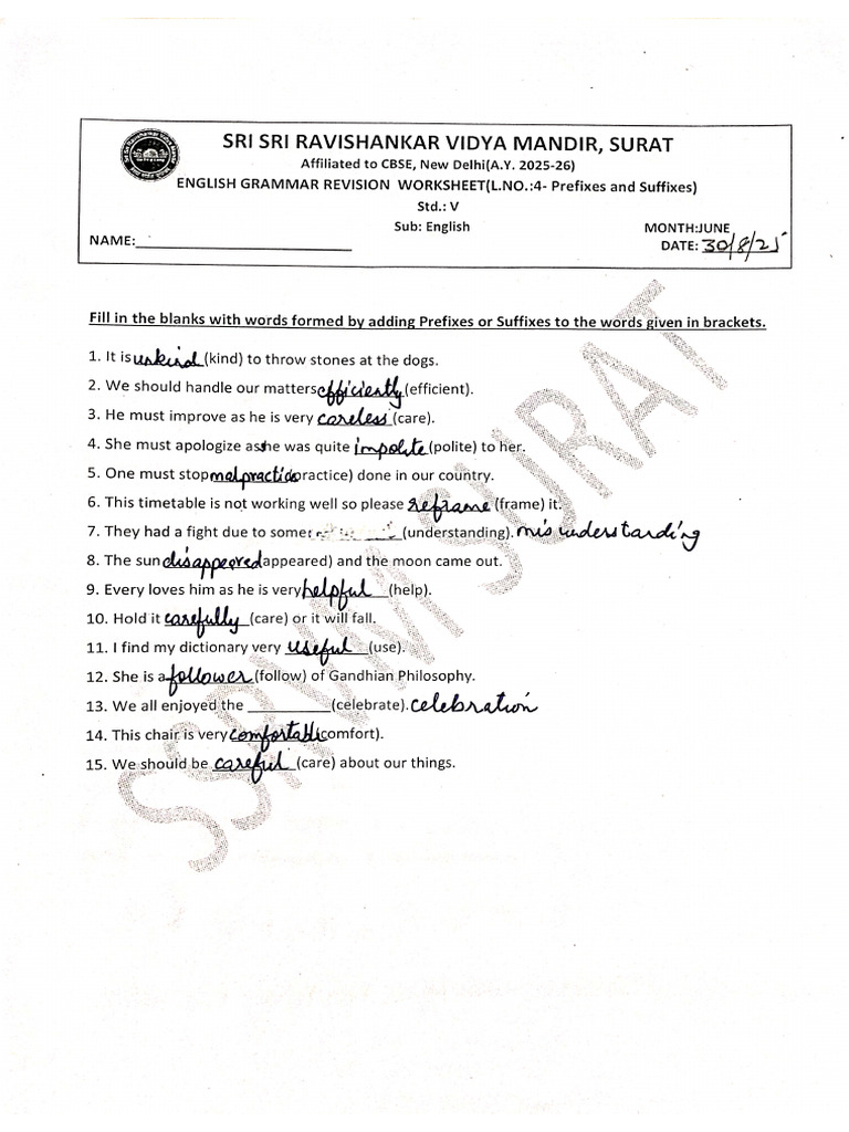 STD 5 Answerkey of Grammar Revision Worksheets | PDF