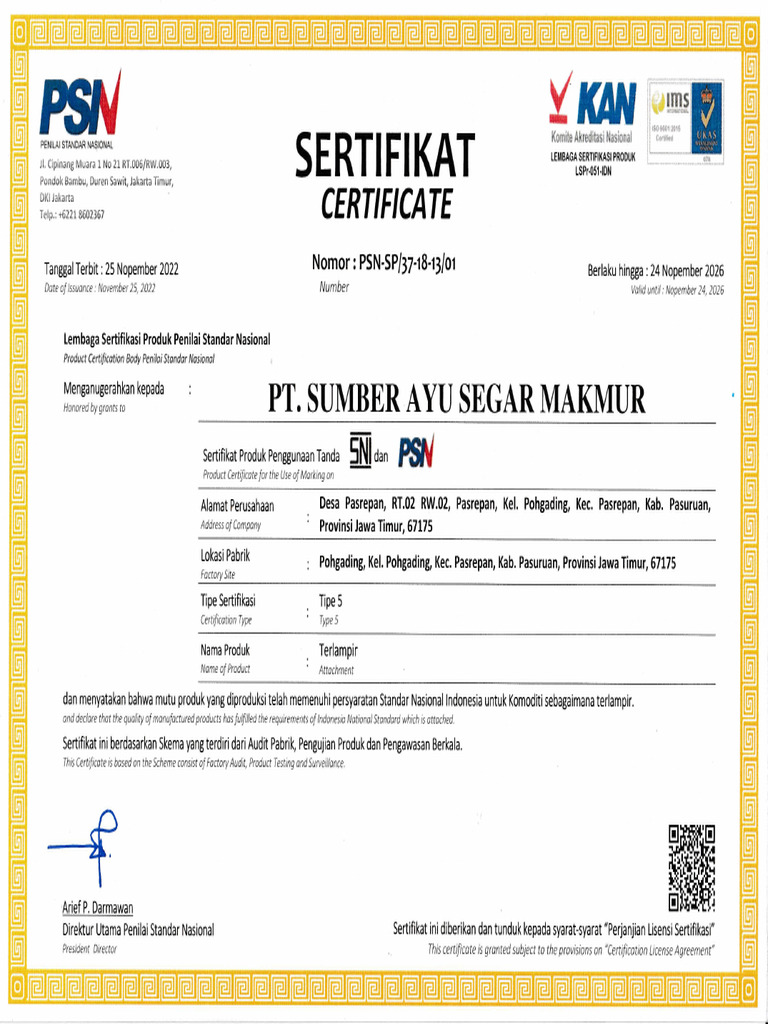 Sertifikat Produk PT. Sumber Ayu Segar Makmur | PDF
