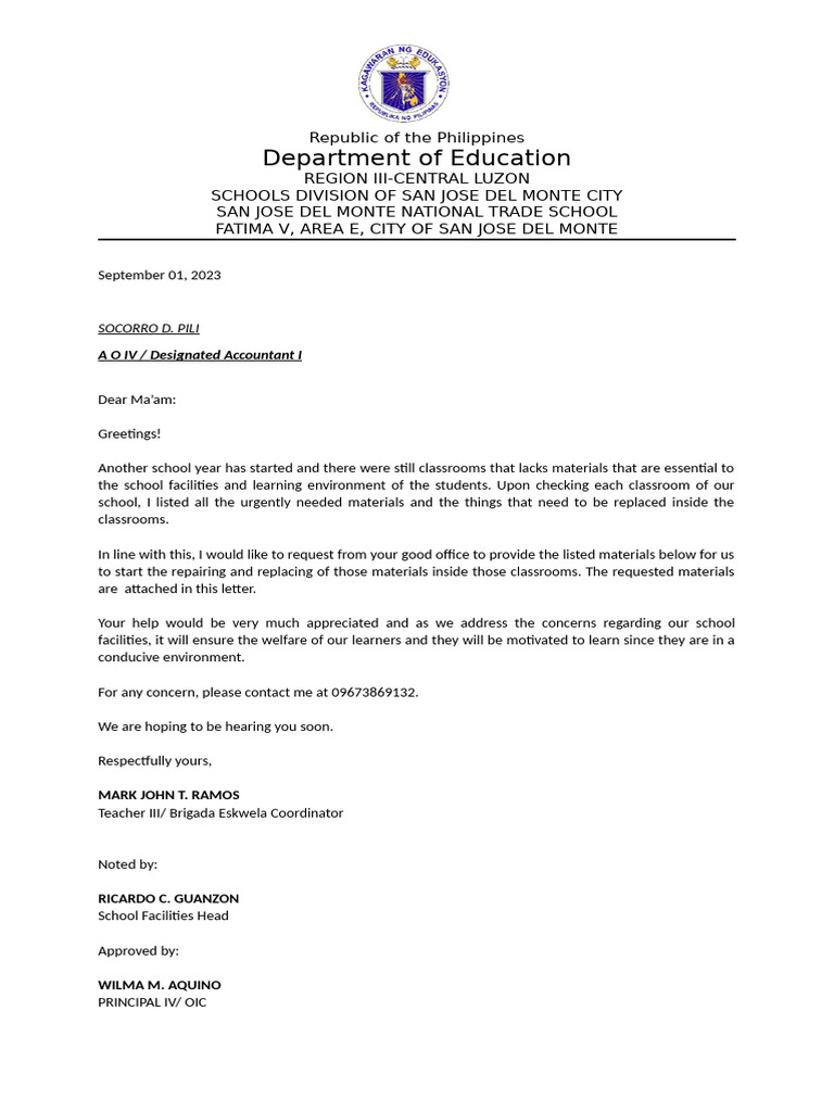 Request for Classroom Materials 2023 | PDF