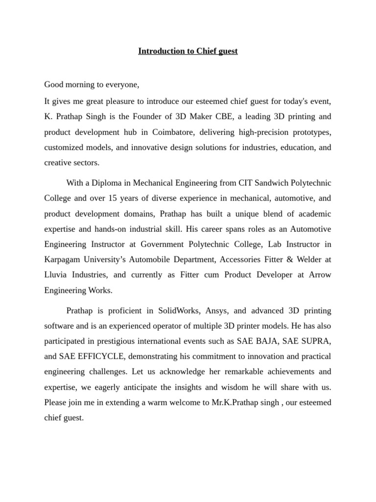 Introducing Chief Guest K. Prathap Singh | PDF