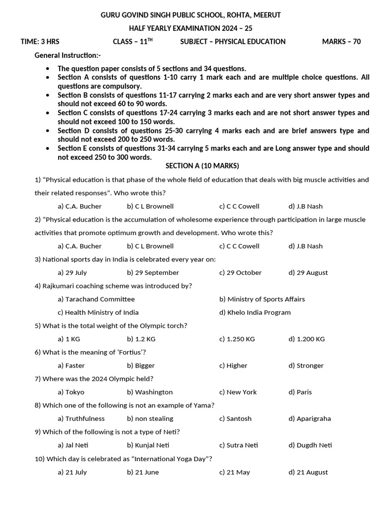 Class 11 Physical Education Exam Paper | PDF | Mind–Body Interventions ...