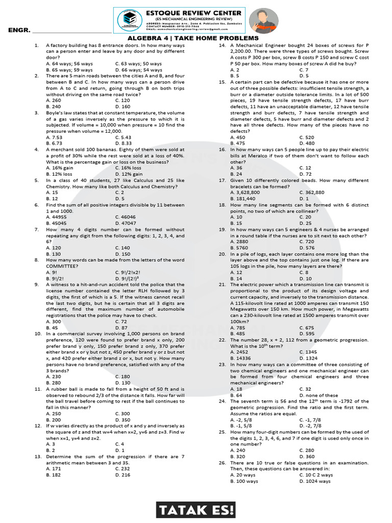 Algebra 4 Take Home Problem Set | PDF | Volt | Mathematics