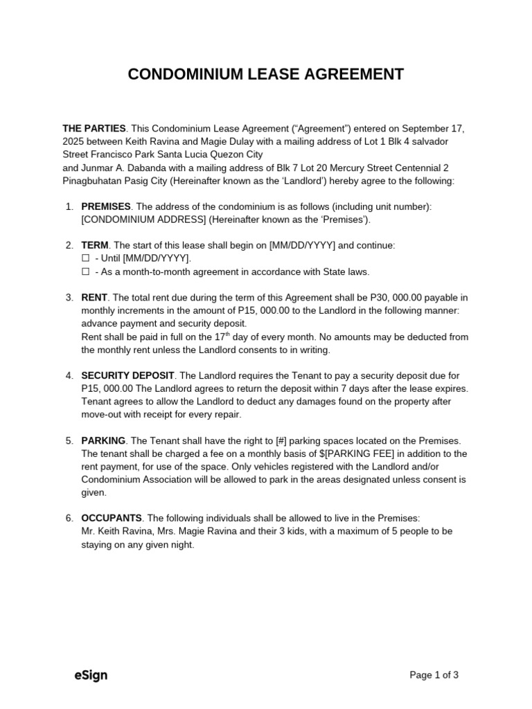 Condominium Lease Agreement Template | PDF | Leasehold Estate | Landlord