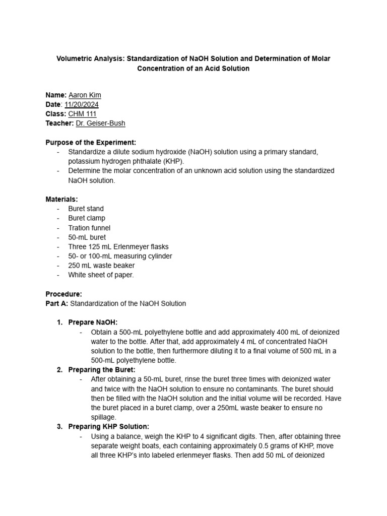 NaOH Standardization and Acid Molarity Determination | PDF | Mole (Unit ...