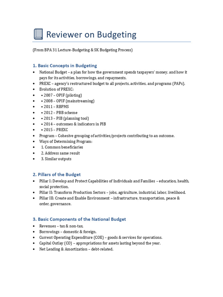 Budgeting Reviewer | PDF | Budget | Government Budget