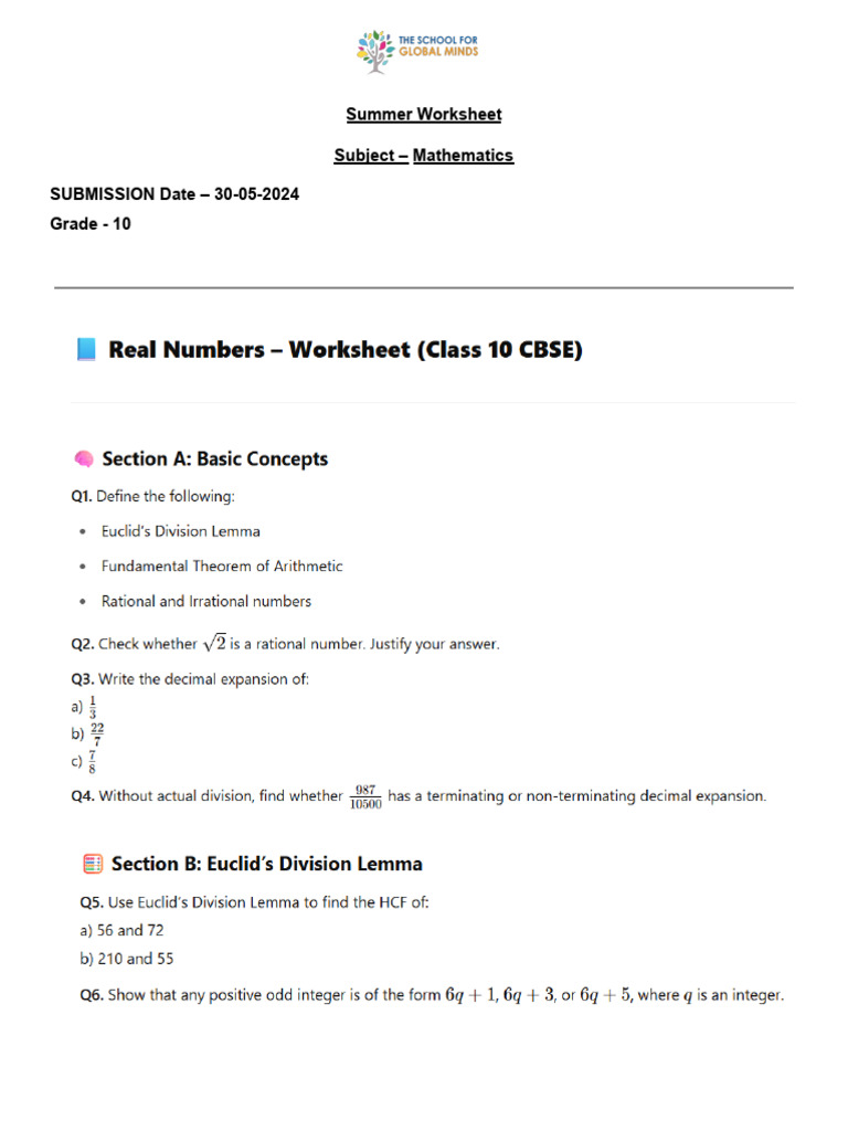 Summer Worksheet Math G - 10 | PDF