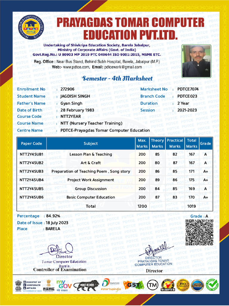 NTT 4th Semester Marksheet - Jagdish Singh | PDF