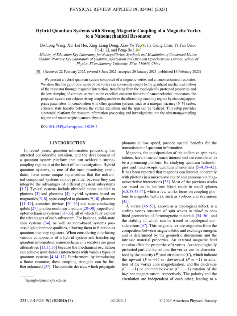 Hybrid Quantum Systems with Vortex Coupling | PDF | Phonon | Magnetism