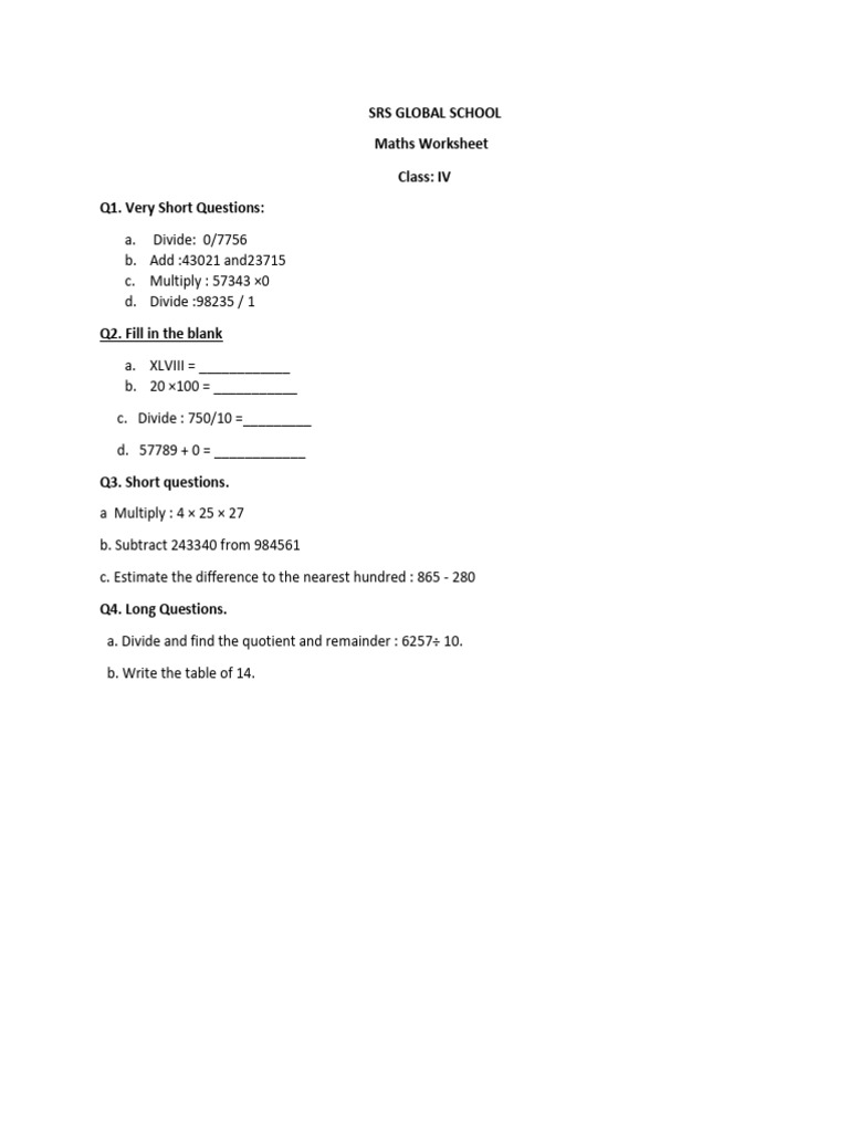 Class IV Maths Worksheet for Students | PDF