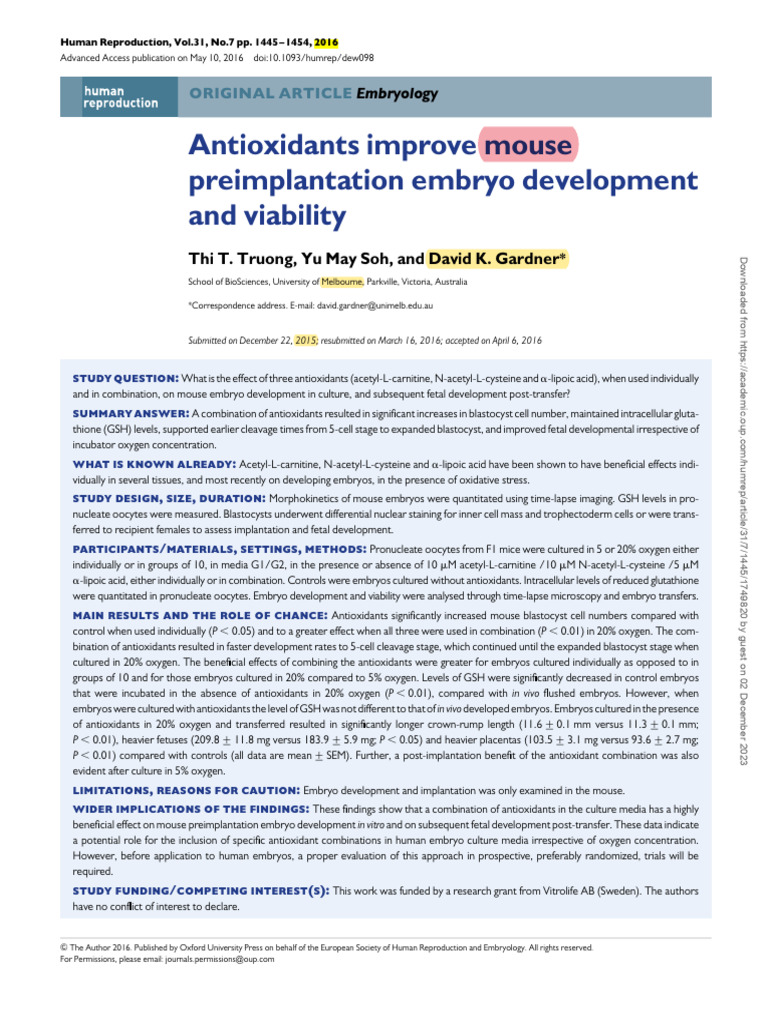 Antioxidants Improve Mouse Preimplantation Embryo Development | PDF ...
