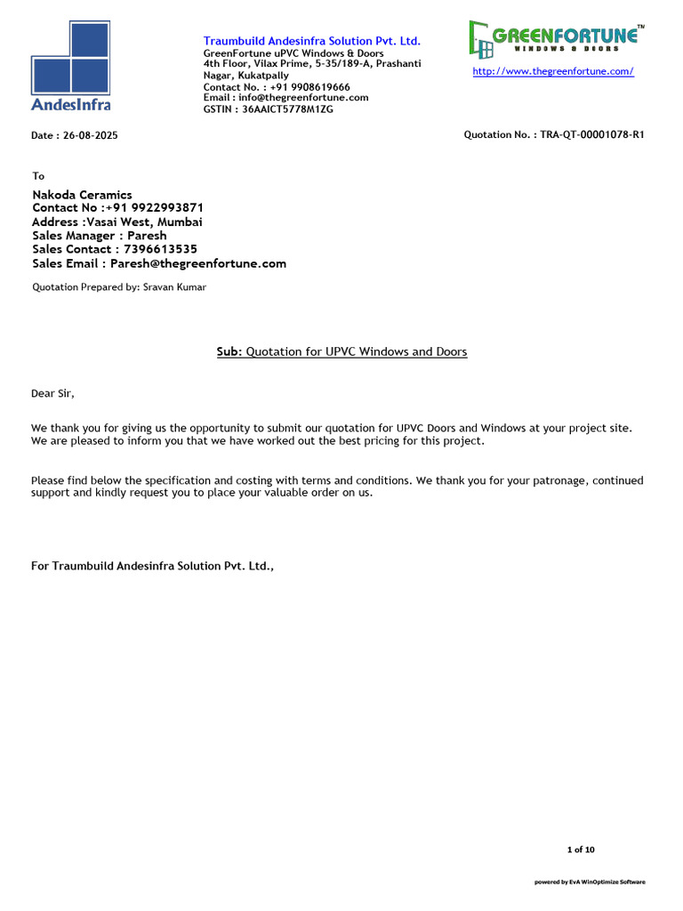 Quotation for UPVC Windows & Doors | PDF | Payments | Window