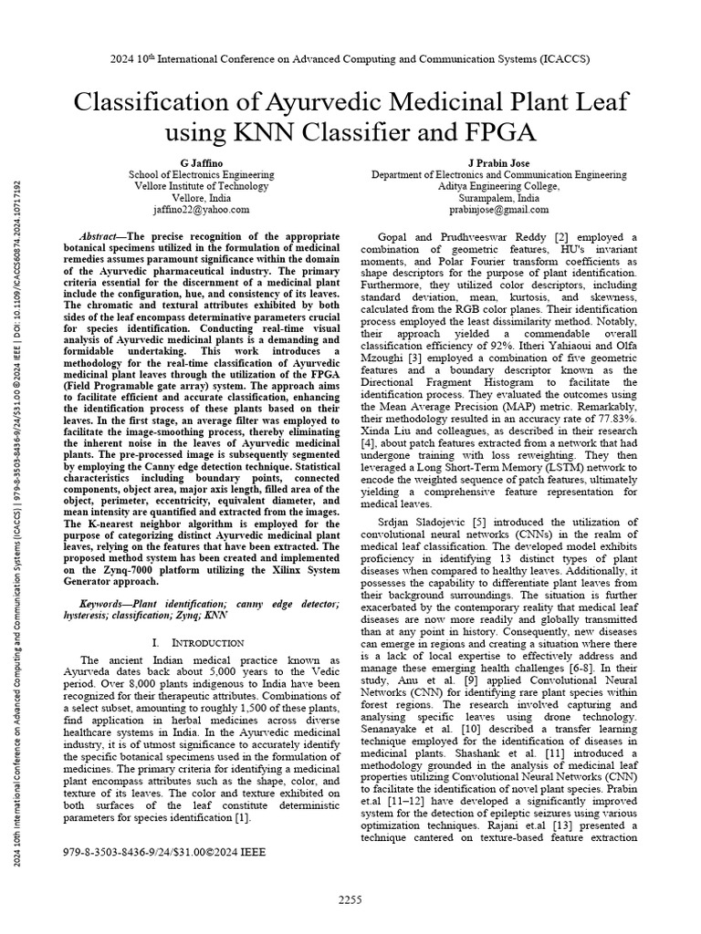 Ayurvedic Leaf Classification with KNN and FPGA | PDF