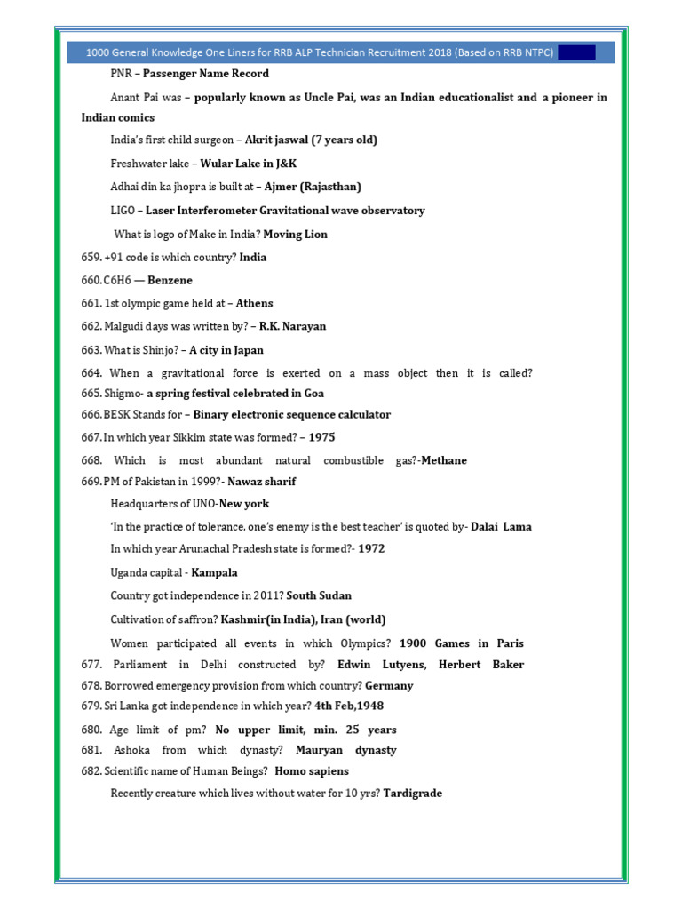 1000 RRB ALP Technician GK One-Liners | PDF