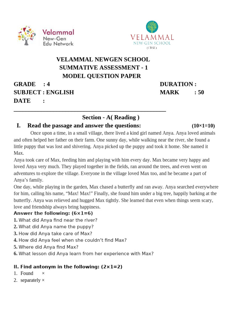 Class 4 English SA1 Model Paper | PDF | Linguistics | Linguistic Morphology