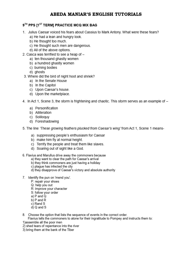 9th Grade English MCQ Practice Test | PDF